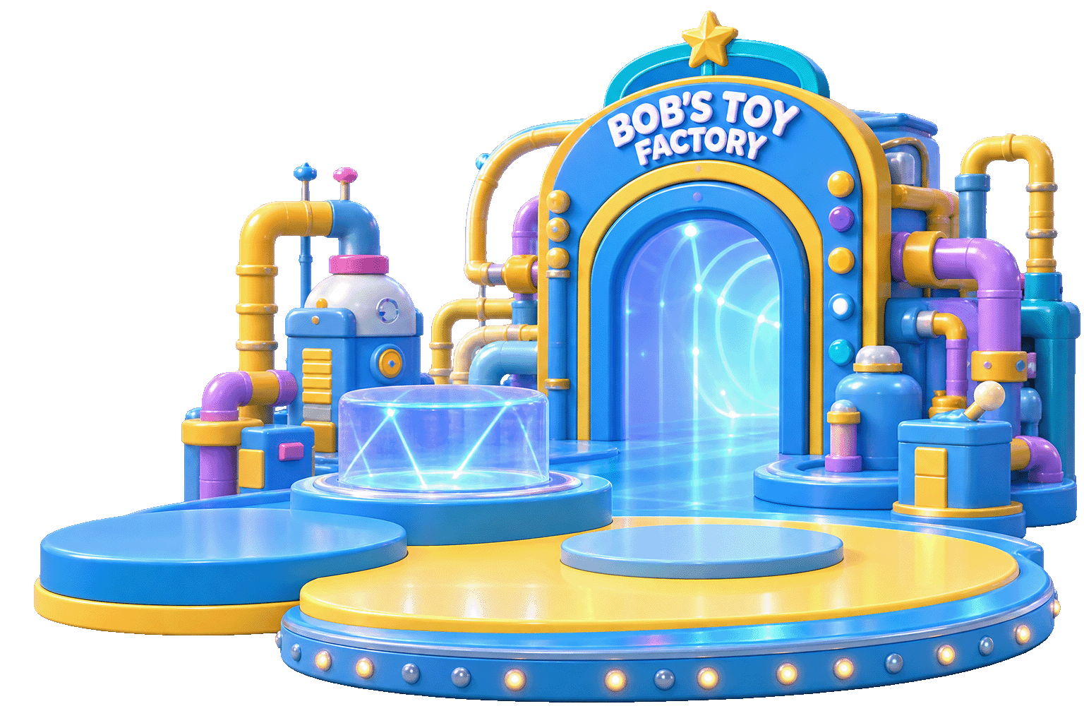 Bob's Toy Factory — a bright blue and yellow toy factory with a glowing arch and display platforms